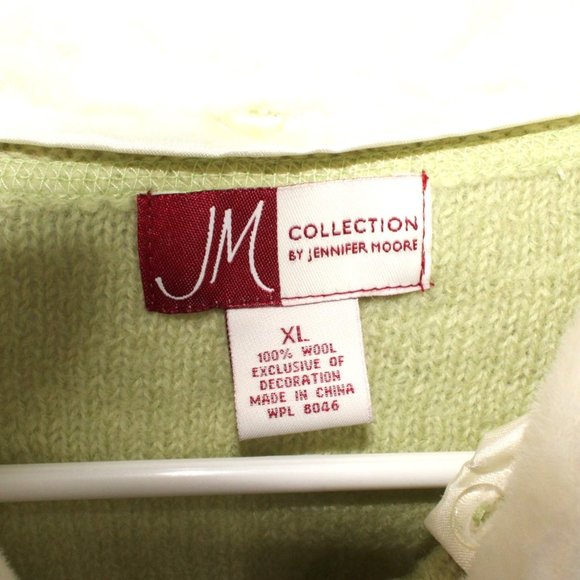 JM Collection Green 100% Wool Full Zip Sweater Jacket Removable Faux Fur Collar - Picture 7 of 8